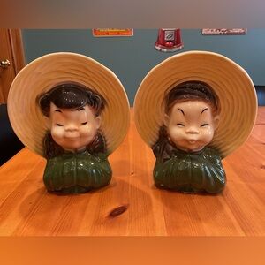 ROYAL COPLEY ASIAN HEAD VASES TWINS VINTAGE GIRL BOY GREEN BUTTER YELLOW LARGE